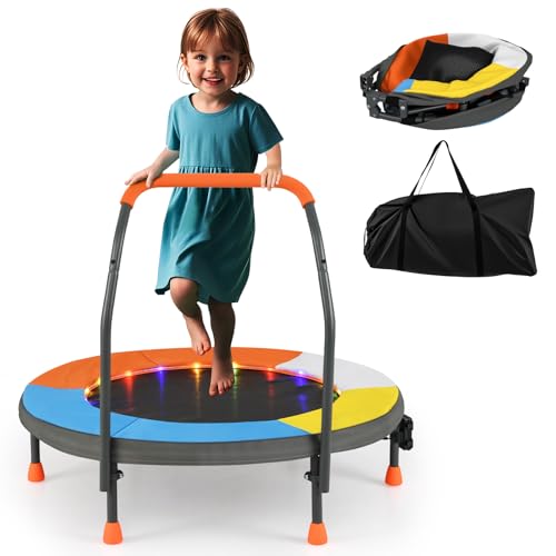 COSTWAY Ø90cm Trampolin Plegable para Niños, Cama Elástica Infantil con 20 Luces LED Ajustable, Barra de Espuma y Funda de Seguridad Acolchonada, Trampolín Reboteador para Interiores y Exteriores