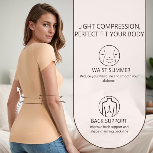 Image of +MD Women's Seamless Short Sleeve Undershirt, Light Compression Scoop Neck Tank Top, Tummy Control Basic Tee Camisole