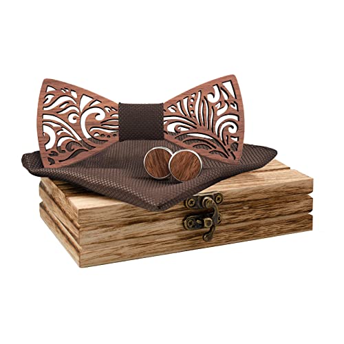 Mr.Van Noeud Papillon Bois Fait Main,Taille Réglable, Style Classique,Coffret en Bois (comprenant Boutons de Manchette,Mouchoir et noeud papillon) pour...