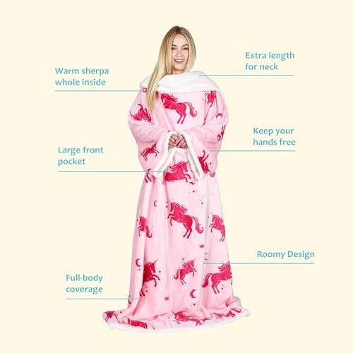 Image of Catalonia Sherpa Wearable Blanket with Sleeves Arms, Comfy Sleeved TV Wrap Blanket, Large Snuggly Throw for Women and Men, Gift for Her,Unicorn