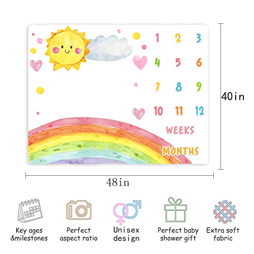 Image of Cartoon Rainbow Baby Monthly Milestone Blanket - 48x40in Sun Cloud Heart Shape Colored Dots for Newborn Shower, Growth Chart Photography