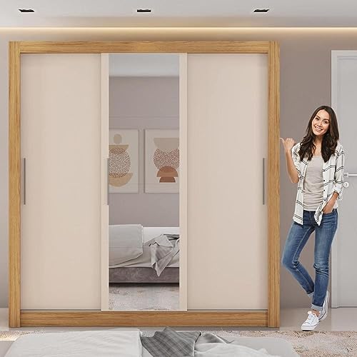 Guarda Roupa Casal com Espelho 3 Portas com 4 Gavetas Quito Lamina Mel/Off White