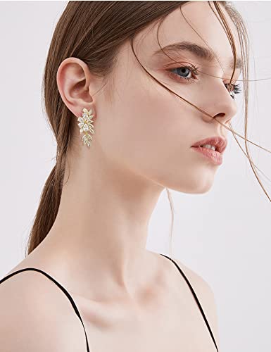 Women's Cubic Zirconia Wedding Earrings - 14k Plated Sterling Silver Bridal Crystal CZ Cluster Floral Flower Dangle Drop Earring for Bride Bridesmaids Party Prom Girls Costume Jewelry2