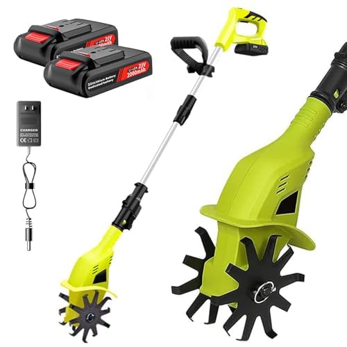 Rotavatore del giardino elettrico, coltivatore a manuale a cordone con batteria e caricabatterie da 2 x 2000 mAh, profondità di lavoro di 25 cm, larghezza di consegna di 10 cm, rotavatore del timone