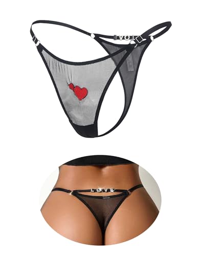 ohmydear Tanga sexy para mujer, cintura baja, tanga en T con bordado de corazón y pedrería, bragas eróticas para mujer con tirantes ajustables, transpirable, tallas grandes, Negro , Talla única