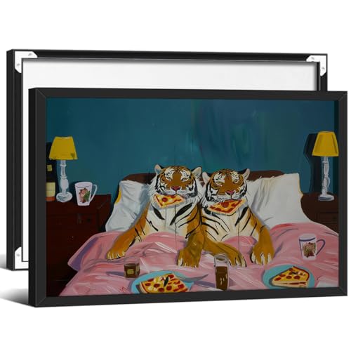 Funny Tiger Eating Pizza Posters Vintage Whimsical Animal Wall Art 16X24 inch Black Framed Trendy Dopamine Canvas Print Cozy Love Bedroom Decor for Couples