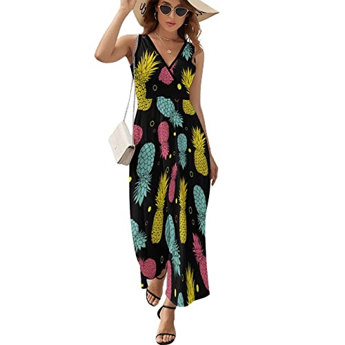 Vestido largo de verano colorido de piña tropical para mujer, sin mangas, vestidos largos de verano, vestidos de playa, línea A, XL
