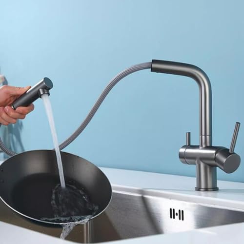3 Rubinetto da Cucina Estraibile Estensibile E Girevole in Ottone, Design Moderno con Finitura Spazzolata per Un Facile Utilizzo in Cucina, Spruzzatore Resistente Ed Eleg,Negro-A