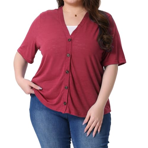 Image of Agnes Orinda Plus Size Cardigan for Women Button Down Sheer Round Neck Short Sleeve Knitted Sweater