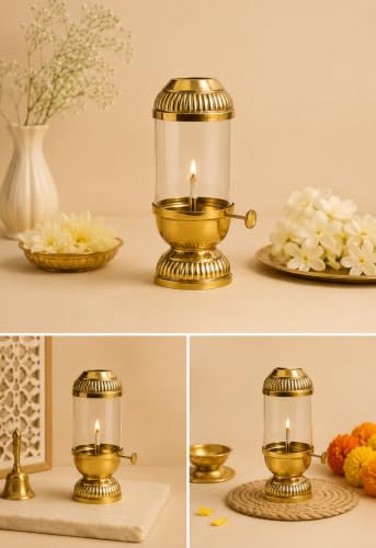 Image of K.N Creation Pure Brass Akhand Jyoti Diya Oil Lamp with Adjustable Bati Knob | Lifting Screw Wick Holder for Puja | Borosilicate Glass Cover (Small- Oil Capacity 80 ML) Stay Lit for 20 Hours