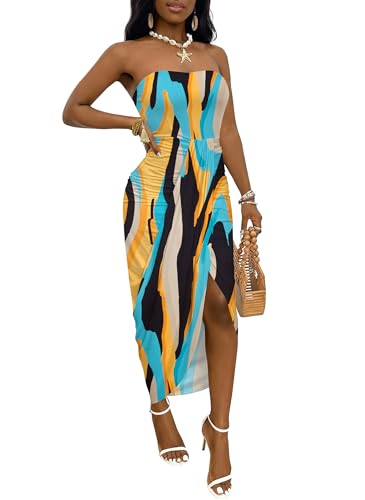 Image of Umenlele Women's Strapless Ruched High Waist Wrap Split Asymmetrical Beach Maxi Long Dress