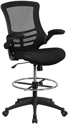 Flash Furniture Kelista Mid-Back Black Mesh Ergonomic Drafting Chair with Adjustable Foot Ring and Flip-Up Arms