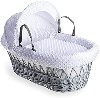 Clair de Lune | Dimple Grey Wicker Moses Basket with bedding | Includes mattress, Hood, Padded liner, Coverlet | UK Made with love (White)