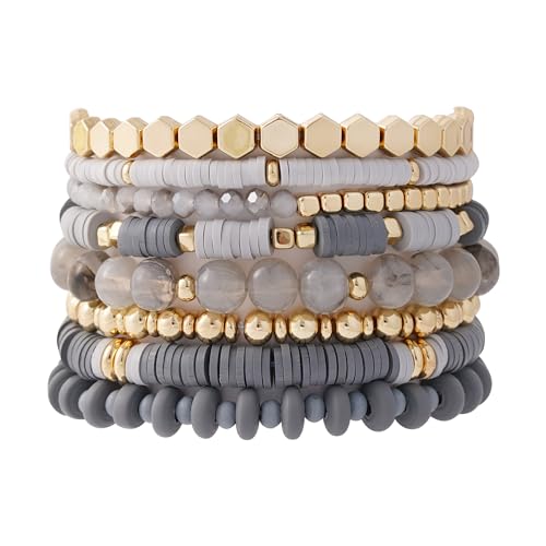 GOOJIDS Bohemian Grey Surfer Heishi Clay Bead Bracelets for Women Stackable
