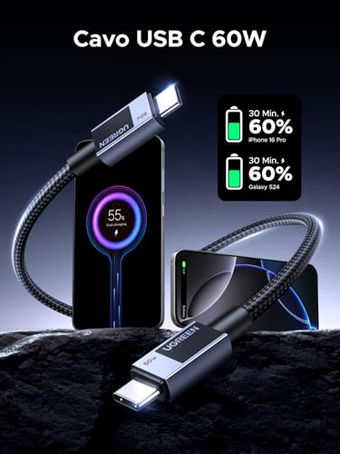 UGREEN Cavo USB C 60W, Cable Type C Ricarica Rapida PD3.0 Compatible con iPhone 16/15 Plus Pro Max, iPad Air, Galaxy S24/S23, Pixel 9/8/7, PS5, Drone, ecc 0,5M - Immagine 1