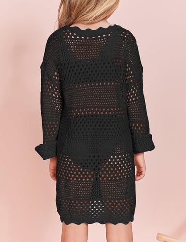 Girls Crochet Swimsuit Cover Up Kids Long Sleeve Hollow Out Swimwear Bikini Beach Dress3