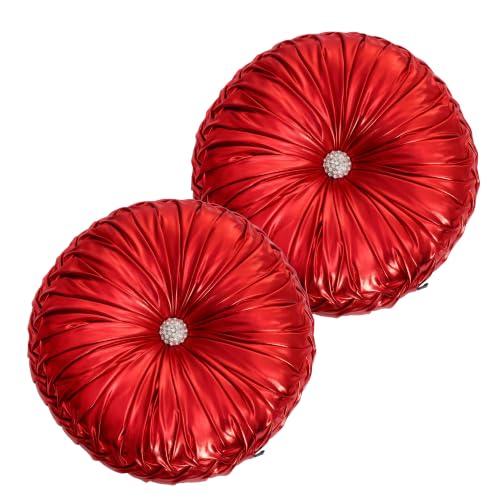 Image of HIG Set of 2 Red Metallic Leather Decorative Round Pleated Throw Pillows | Vintage Floor Pillows, Classy Accent Pumpkin with Center Button, for Sofa Couch Vanity Chair Bed, 14.5 inch Diameter
