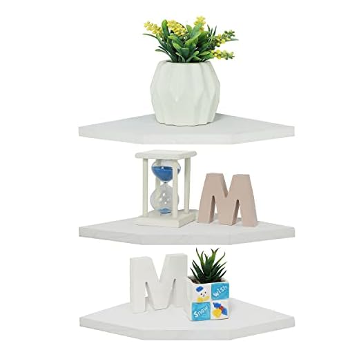Joiishom Corner Wall Shelf Set of 3, Floating Corner Shelves for Wall, Rustic Wood Wall Storage Display Shelves for Living Room Bedroom Bathroom Kitchen (Fanshaped-White)