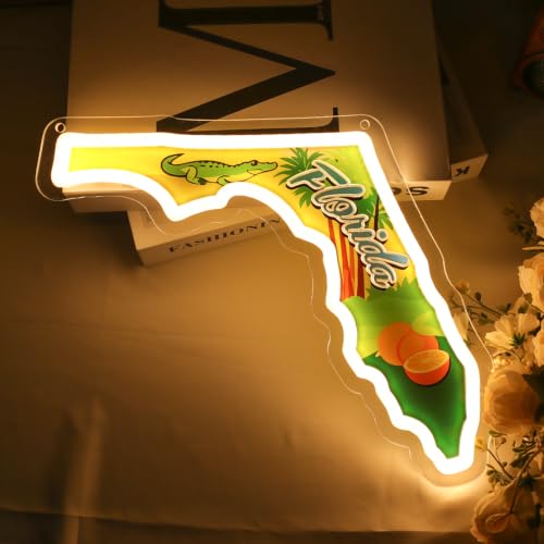 Image of Florida Map Neon Sign, Dimmable Florida LED Neon Light, Tropical Palm Tree Light Up Sign, USB Powered Wall Decor for Bedroom, Living Room, Bar, Party, Home Aesthetic Wall Art Decoration