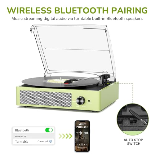 Image of Vinyl Record Player with 2 Stereo Speakers Belt-Driven Vintage Turntables 3 Speed 3 Size Wireless Bluetooth Playback AUX-in RCA Out Headphone LP Vinyl Players Auto Stop Light Green