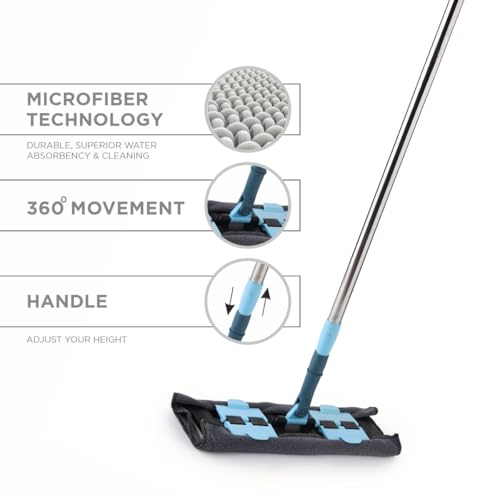 Image of Homeor Multi-Purpose Microfiber Flat Mop with 1 Extra Refill for Dry & Wet Cleaning, 360 Degree Rotating Head and Telescopic Handle, Suitable for Floor, Glass, Ceiling and Walls, 14 Inch, Blue