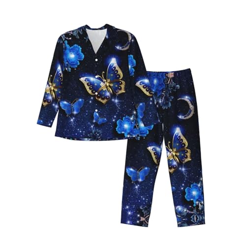 JUANYQME Blue Butterfly Print Men'S Long-Sleeved Pajama Set Top & Bottom Sleepwear 2 Piece Lounge