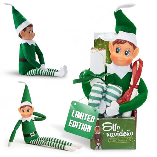 LEIGHT Elfo de vinilo suave con sombrero y etiqueta, el elfo plegable más pequeño del mundo 40 cm en la estantería accesorio navideño para niños y niñas (Thommy verde)