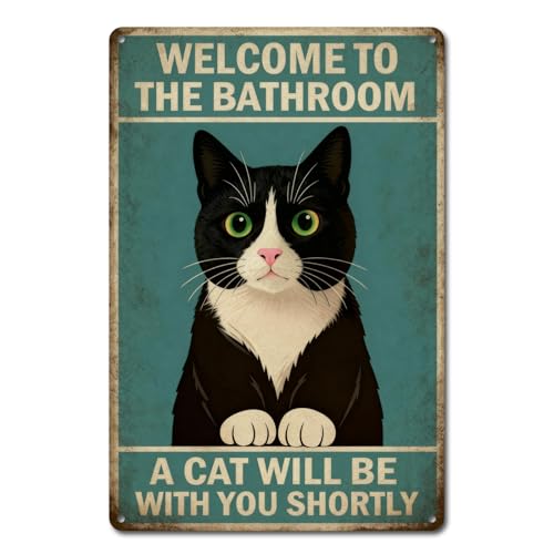 Funny Cat Bathroom Sign for Cat Lovers - "A Cat Will Be With You Shortly" Vintage Wall Art, Unique Gift 8x12 Inch (2907)