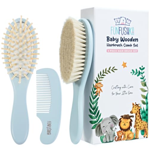 Image of FUNFUSHKA Baby Hair Brush Set for Newborns - Baby Brush and Comb Set - Ultra Soft Goat Hair Bristles, Perfect for Cradle Cap, Newborn Showers & Registries Gift, Comb Brush for Girls & Boys (Sky)