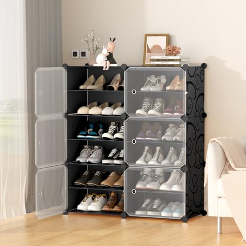 Image of Shoe Rack Multipurpose 5 Shelves Shoe Rack with Zip Door Cover & Side Pockets, Multiuse Wide Shelve,Rack for Footwear, Toys, Clothes (Black, 12-Layer)