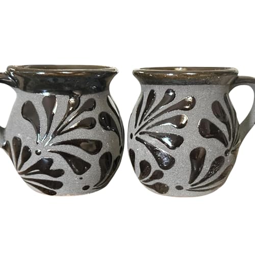 Set of 2 Mexican Pottery Mugs – Black Glossy & Black Matte Design, 12 oz Talavera Style Clay Tazas