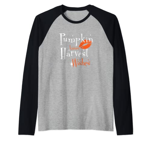 Pumpkin Kisses Harvest Wishes Fall Autumn Thanksgiving Raglan Baseball Tee, Black