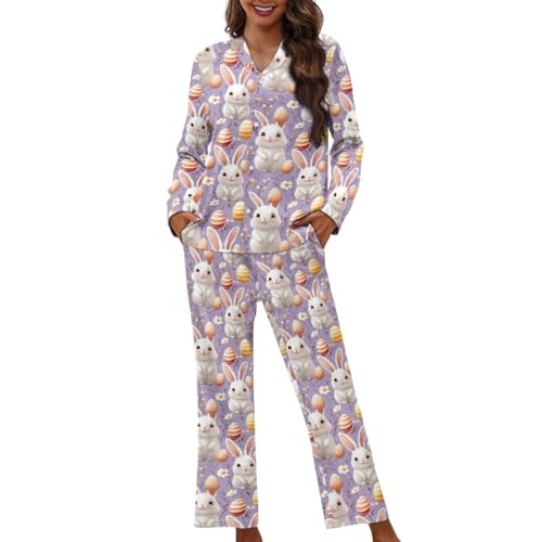 Image of TOFRIMADE Pajamas for Women Set Long Pants Sleepwear Sets Soft Comfy Night Wear V-Neck Loungewear Cute Pajama House Wear, Cute Easter Bunny, M