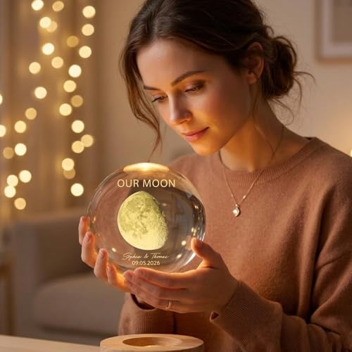 Image of Evamall Custom Our Moon The Night We Got Married, Customized Crystal Ball LED Night Light, Moon Phase Print, Custom Engraved Gift for a Loving Couple