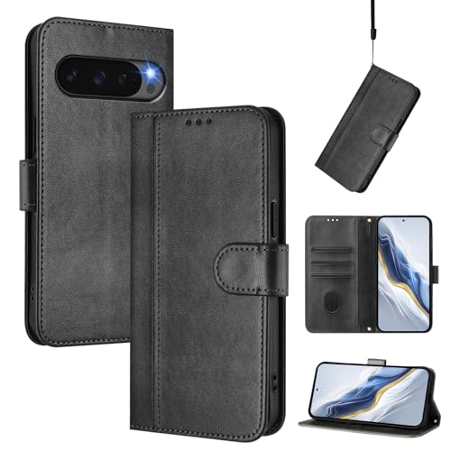 ELECWAY for Google Pixel 10/Pixel 10 Pro Phone Case Wallet, Flip Leather TPU Cover with Card Holder Wrist Strap, Black