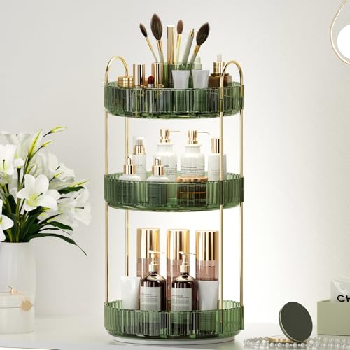 Image of 360 Rotating Makeup Organizer, Upgraded 3 Tier Skincare Perfume Organizers for Women, Bathroom Organizer Countertop, Clear Cosmetic Dresser Organizer with Makeup Brush Holder, Sink&Counter (Green)