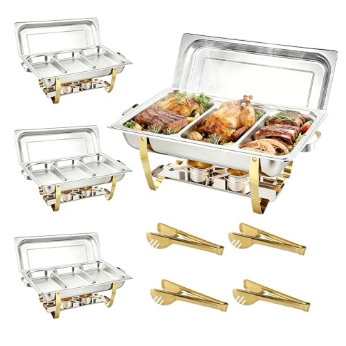 Stelora Chafing Dishes for Buffet, 9 Qt High Grade Chafing Dish Buffet Set, Rolled-Edge Design Food Warmers for Parties, Buffet, Wedding, Birthday, Camping 4 Pack 12 Pans (Silver) by Generic - Used condition - US$93.40