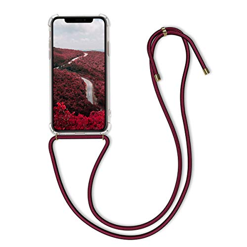 kwmobile Crossbody Case Compatible with Apple iPhone 11 Pro - Clear Transparent TPU Cell Phone Cover with Neck Cord Lanyard Strap - Transparent/Dark Red