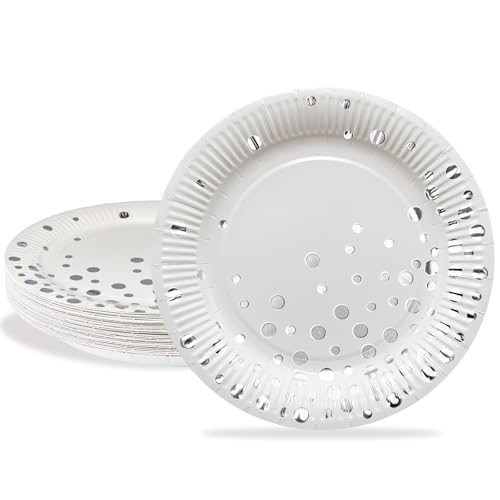 HNH 23 cm Assiettes en papier Lot de 24 Blanc avec feuille d'argent Assiettes pour fête jetables