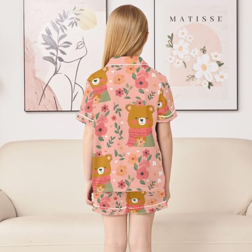 ALAZA Bear with Flower Floral Pajamas Satin Pajama Set Short Sleeve Button Down Sleepwear4