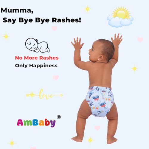 Image of AmBaby Super Absorbent Baby Nappies Langot Adjustable Washable Reusable Soft Hosiery Cotton Cloth Diapers Nappy with 3 Layers Unisex Baby Langoti fits 0-6 Months - Pack of 4