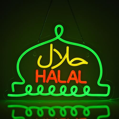 JOMOBUTY Halal Neon Signs Halal Food Arabic Restaurants Led Light Up Signs for Business Store Wall Decor with Dimmable Switch Christmas Party Gift USB Powered 16.1