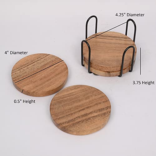 EDHAS Acacia Wood Coasters for Drinks with Iron Holder Stand for Coffee Table, Tabletop Protection Decor, Set of 4