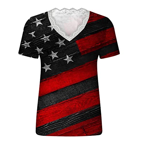 Camisetas de renda com bandeira americana para mulheres, manga curta, acabamento em renda, gola V, c