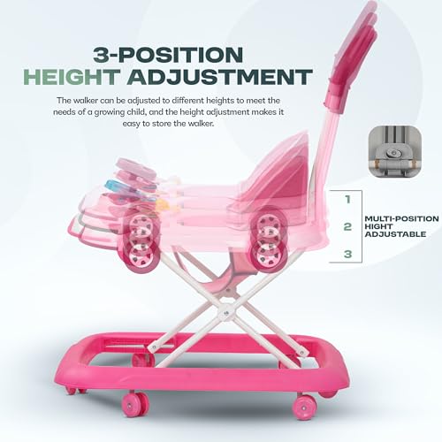 Image of Baybee Pastel Bliss Baby Walker for Kids | 3-Level Height Adjustable Walker with Parental Push Handle & Musical Toy Bar | Foldable Activity Walker for Babies 6 to 18 Months (Pink /White)