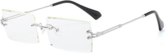 LASPOR Silver Rimless Sunglasses Rectangle Unisex 90s 2000s Retro Vintage Square Frameless Tint Glasses Shades, Silver - Clear, M
