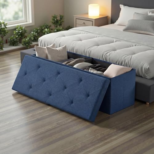 Image of DUMOS Foldable Storage Ottoman Bench 43in, Storage Chest, Large End of Bed Foot Rest Stool with Padded Seat, Bedroom Bench for Living Room, Support 660lbs, Blue