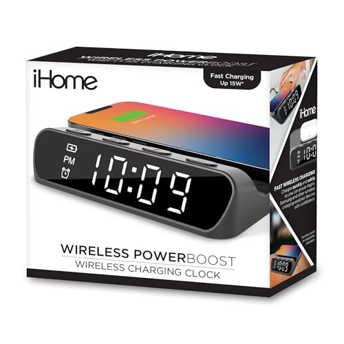 iHome Wireless Charger with Alarm Clock, Compact Digital Alarm Clock for Bedroom, Home Office, or Dorm (iW14)