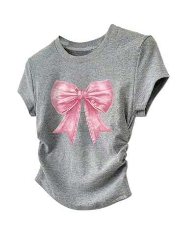 SweatyRocks Girl's Ruched Bow Graphic Tees Cute Short Sleeve Crew Neck T Shirt