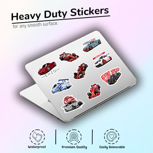 Image of Car Stickers Pack of 43 - Waterproof Vinyl Decals for Laptop, Water Bottle, Helmet & Skateboard | JDM Muscle Car Supercar F1 Racing Sticker Set | Scratch Proof Heavy Duty Decals for Boys & Teens